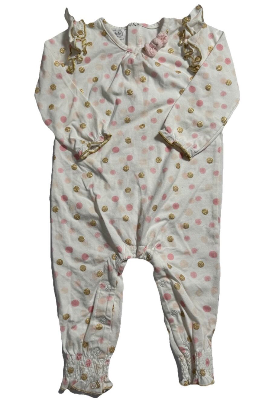 Mud Pie Baby Girls Polka Dot Ruffle Romper 9-12M White Pink Gold